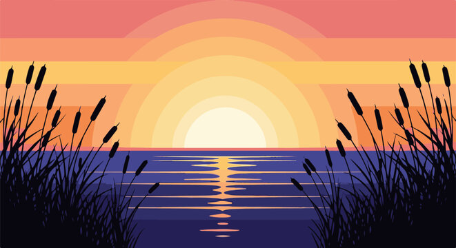 Silhouette of cattails frames a pixelated sunset over calm water