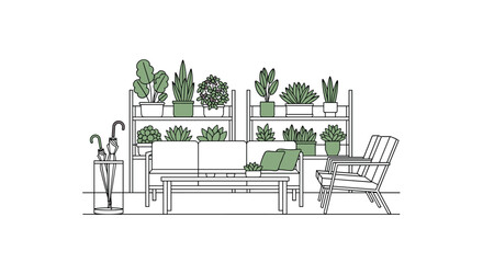 Naklejka premium Line art drawing of patio scene with three seater sofa, coffee table, two chairs, and many potted plants on shelves and floor.