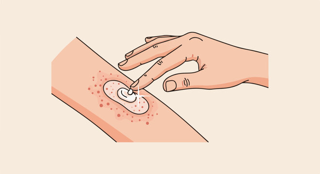 Applying cream to irritated skin with red spots and a patch