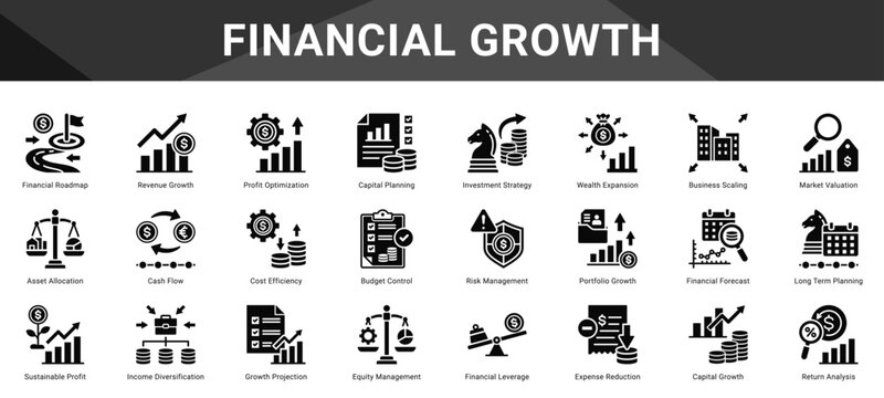 FINANCIAL GROWTH  Icon set collection. Vector icon pack featuring thematic icons for your presentations or business.