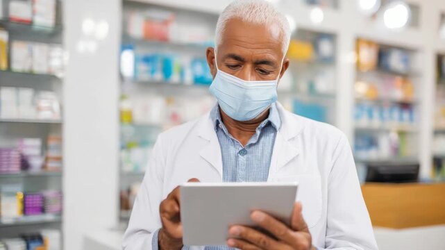 An older male pharmacist wearing a white lab coat and surgical mask is examining a prescription on his tablet PC in a pharmacy.
