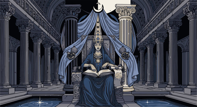 A woman in regal attire sits on a throne, reading a book in a grand coliseum
