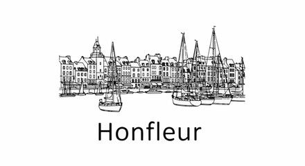 Fototapeta premium Black and white sketch of a European harbor with sailboats and buildings