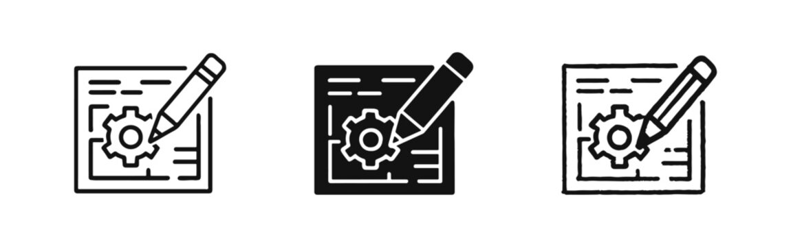 Document configuration and editing icons in outline, solid, and hand-drawn styles