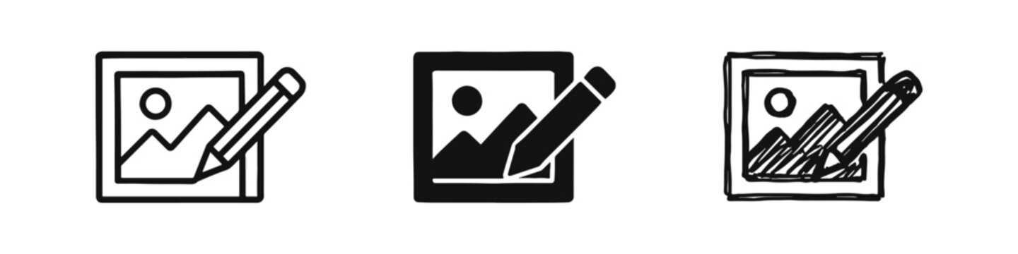 Photo editing and image retouching icons in outline, solid, and hand-drawn styles