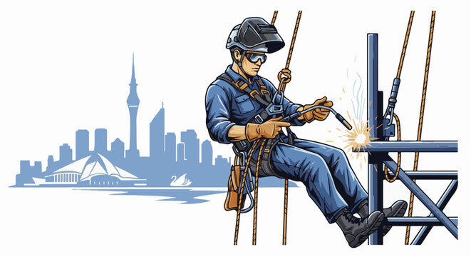 Construction worker rappels down, welding with sparks flying against a city skyline