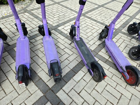 Rows of purple rental electric scooters parked on a paved city sidewalk. High angle view of modern urban shared mobility transport with license plates