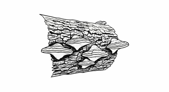Five shelf fungi grow on rough, textured tree bark in a black and white sketch
