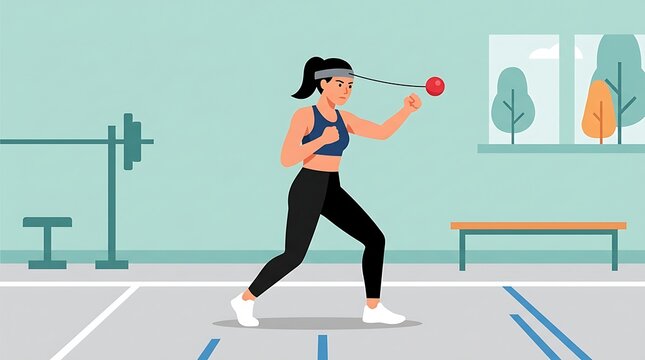Female Athlete Training with Boxing Reflex Ball in Gym
