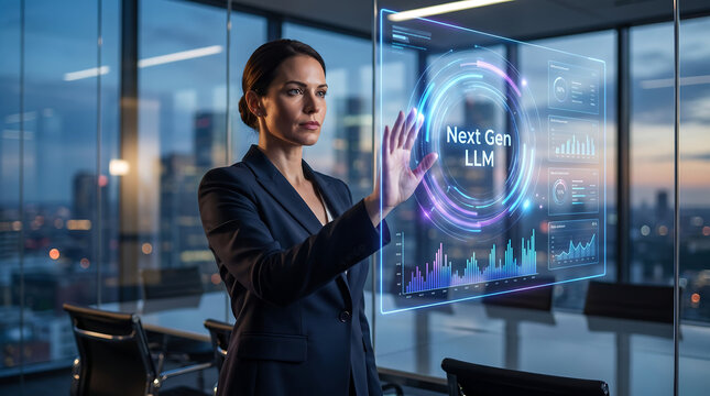 Professional Businesswoman Interacting with Next Gen LLM Holographic Display in Modern Office