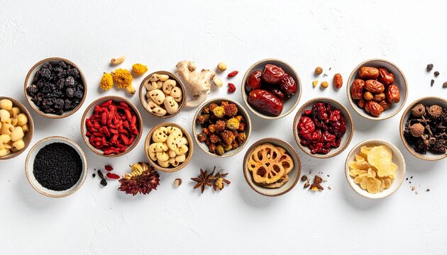 薬膳スープ・クコの実・なつめ・生姜・白背景・真俯瞰・漢方・健康食・薬膳料理素材／Yakuzen herbal soup top view on white background, goji berry jujube ginger medicinal broth, traditional Chinese Japanese health food stock photo, wellness cuisi