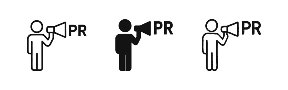 Public relations icon set. Person with megaphone announcing PR news and corporate communications.