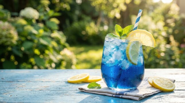 Blue lemonade cocktail with lemon slices and mint in a glass on a rustic wooden table during a sunny summer afternoon in the garden