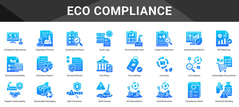 ECO COMPLIANCE  Icon set collection. Vector icon pack featuring thematic icons for your presentations or business.