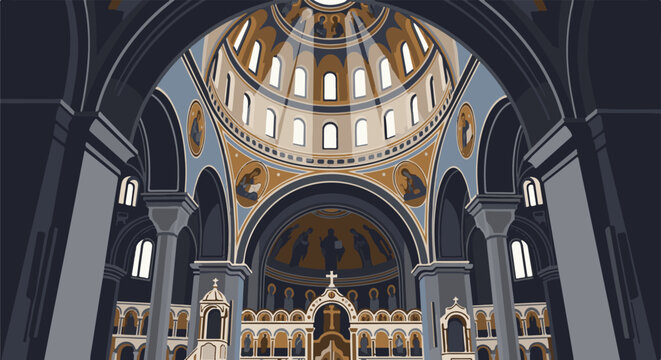 Ornate Byzantine church interior with dome, arches, and religious iconography