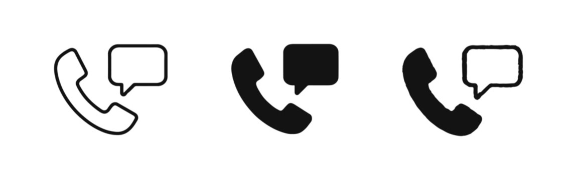 Phone call and message icon set. Telephone handset with speech bubble symbols for customer support.