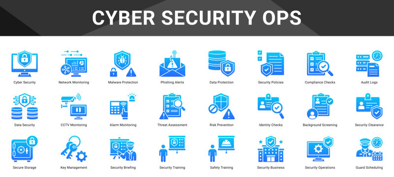 CYBER SECURITY OPS  Icon set collection. Vector icon pack featuring thematic icons for your presentations or business.