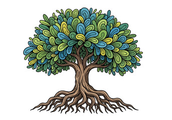 A vibrant tree with colorful leaves and exposed roots stands tall in nature. © firman