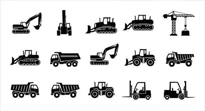 Heavy Construction Equipment Icons Set.