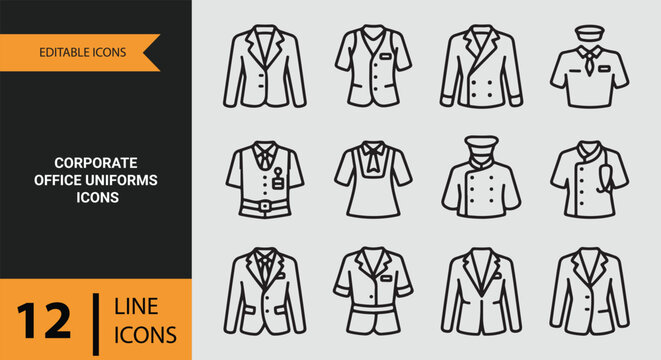 Corporate office uniforms professional workwear outline icon set
