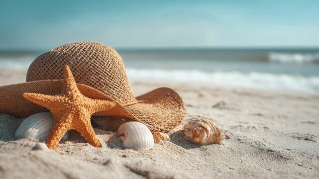 A tranquil beach scene with a straw hat and marine life.