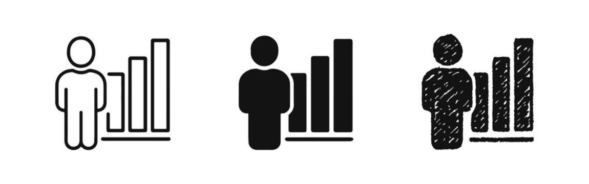 Business analyst and presentation icon set. Person standing next to a bar chart growth symbol for performance.