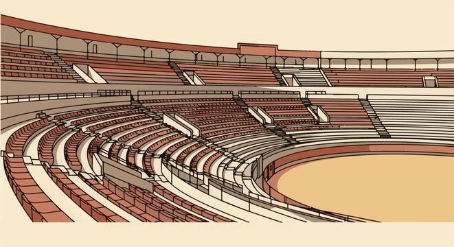 An illustration of an empty, multi-tiered stadium with tiered seating and a sandy arena