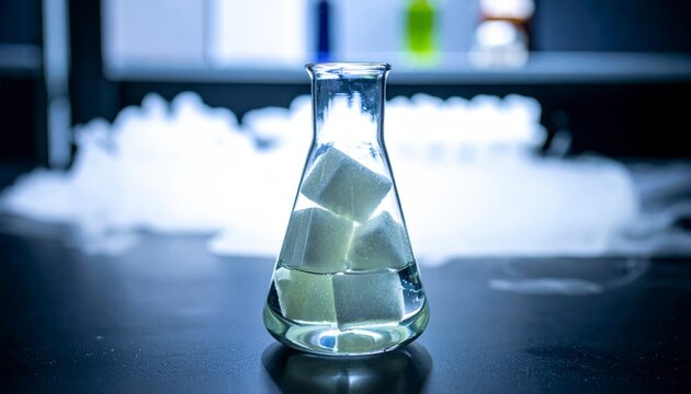 White phosphorus chunks submerged in clear liquid inside a laboratory flask, glowing softly with internal illumination