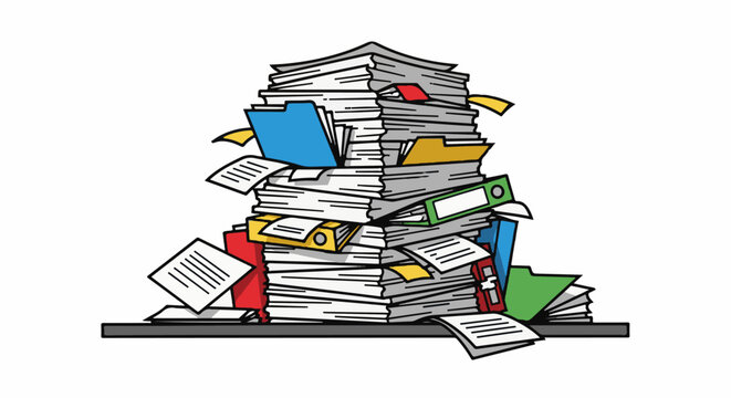 An overwhelming pile of various files and folders on a shelf