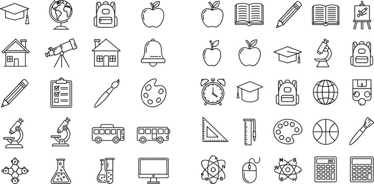 Back-to-school and education vector icon set featuring school supplies, books, backpacks, science equipment, and learning tools