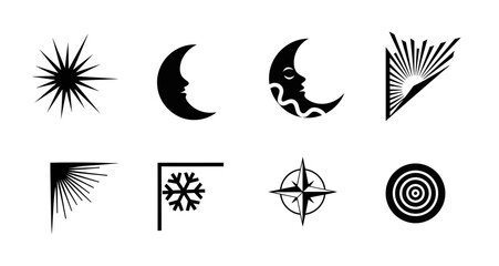 8 Celestial silhouette icons moon sun snowflake star, solid black style, astrology nature set © Vectinplus