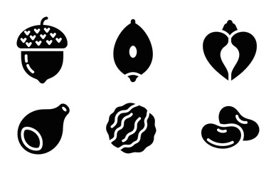 6 Nut silhouette icons acorn walnut hazelnut peanut, solid black style, organic food collection © Vectinplus