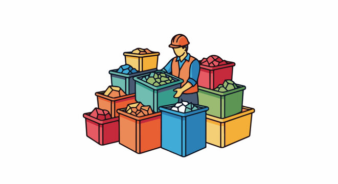 A worker in an orange hard hat and vest handles bins full of colorful, angular materials