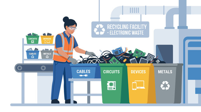 Recycling Worker Sorting Waste At Conveyor Belt.