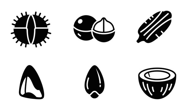 6 Nut silhouette icons chestnut macadamia pecan brazil almond coconut, solid black style, food category
