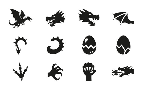 12 Dragon silhouette icons heads wings eggs claws tails, solid black style, fantasy mythology set