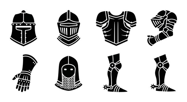 8 Knight Armor silhouette icons helmet gauntlet chestplate, solid black style, medieval history set