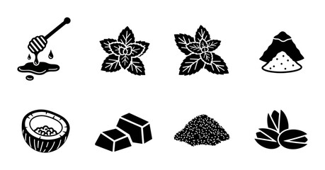 8 Food Ingredient Silhouette Icons Honey Mint Coconut Pistachio, Solid Black Style, Cooking Kitchen Set © Vectinplus