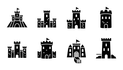 8 Castle silhouette icons towers flags gates, solid black style, medieval architecture travel set © Vectinplus