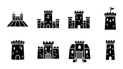 8 Castle silhouette icons tower fortress gate, solid black style, medieval architecture travel © Vectinplus