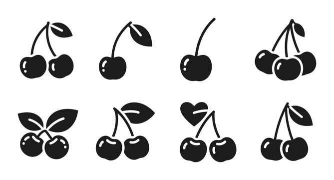 8 Cherry silhouette icons with leaves stems heart, solid black style, fresh fruit food category