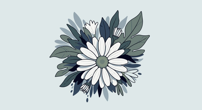 Artistic rendering of a white daisy surrounded by lush green leaves and buds