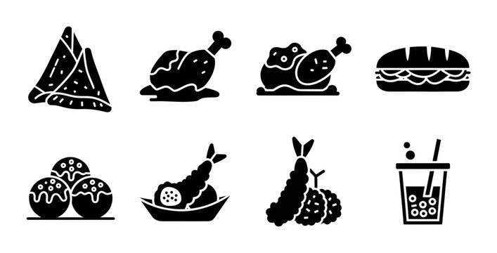 8 Street Food Silhouette Icons Fried Chicken Samosa Takoyaki Tempura, Solid Black Style, Restaurant Menu