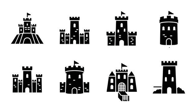 8 Castle silhouette icons towers flags gates, solid black style, medieval architecture travel set