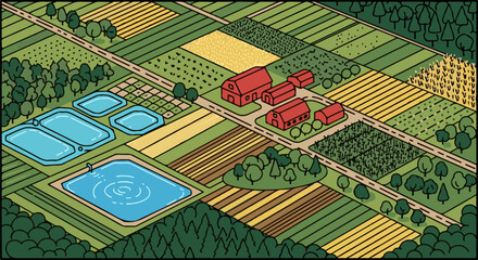 Fototapeta premium An isometric view of a rural farm with fields and ponds