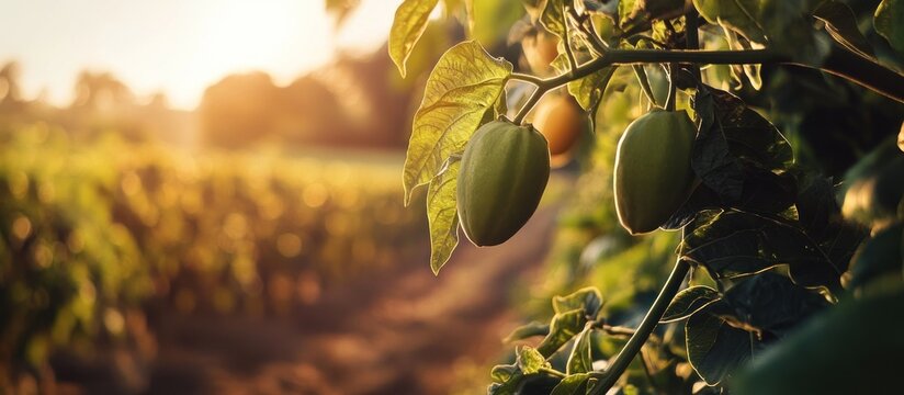 Unripe green bell peppers growing on a plant branch in a sunlit agricultural field during golden hour.