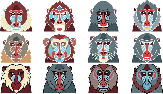 Mandrill Monkey Face Collection with Colorful Tribal Patterns and Different Expressions Cartoon Primate Animal Avatars Illustration Set for Design.
