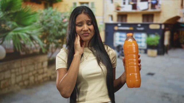 Young hispanic brunette woman holding a large orange juice bottle touches her cheek for toothache while grimacing in a narrow street plaza with cafe storefronts; discomfort.