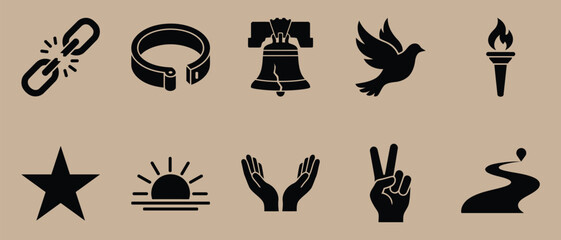 Collection of various black icons on brown background including chain link handcuff liberty bell dove torch star sun hands peace sign and winding road © Be Creative