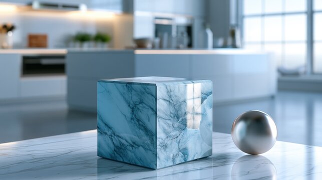 A polished marble cube and a reflective metallic sphere rest on a marble countertop in a modern, bright kitchen with blurred background.